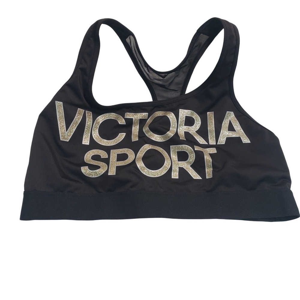 Victoria Sport The Player Racerback Black Glitter Logo‎ Sports Bra XL